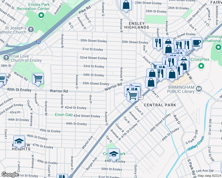 map of restaurants, bars, coffee shops, grocery stores, and more near 1707 Warrior Road in Birmingham