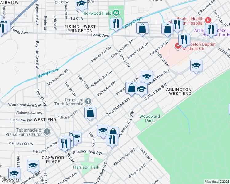 map of restaurants, bars, coffee shops, grocery stores, and more near 1328 Princeton Avenue Southwest in Birmingham
