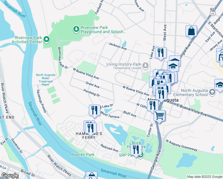 map of restaurants, bars, coffee shops, grocery stores, and more near 512 Grant Avenue in North Augusta