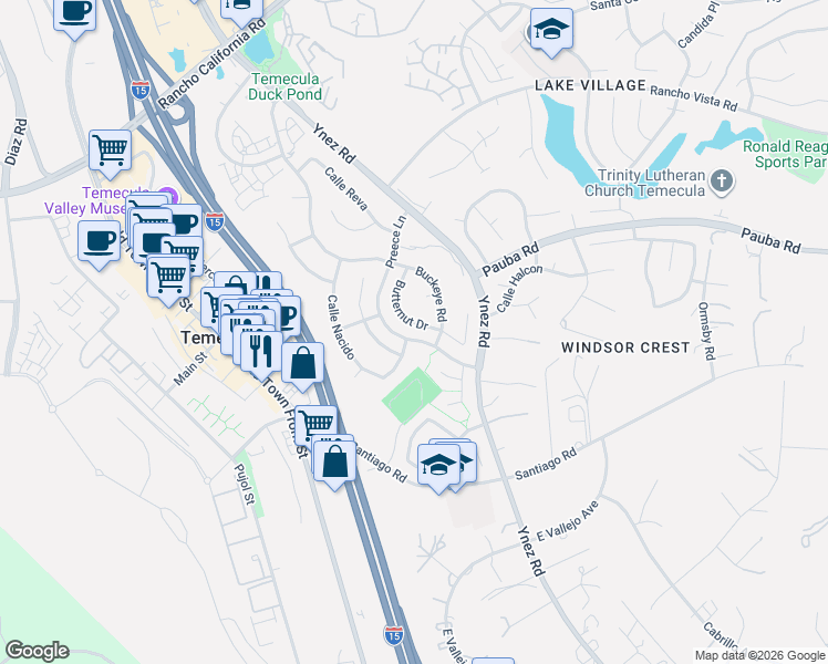 map of restaurants, bars, coffee shops, grocery stores, and more near 43866 Butternut Drive in Temecula