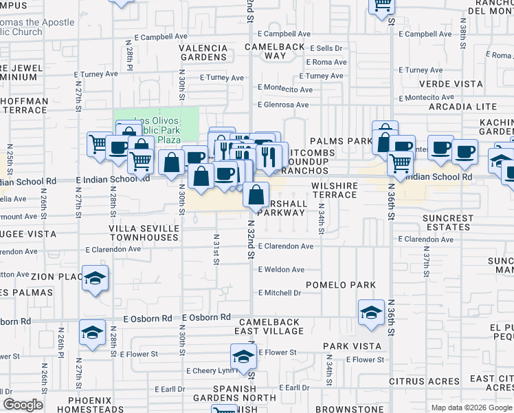map of restaurants, bars, coffee shops, grocery stores, and more near 4001 North 32nd Street in Phoenix