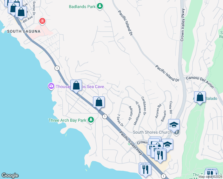 map of restaurants, bars, coffee shops, grocery stores, and more near 22862 Via Genoa in Dana Point