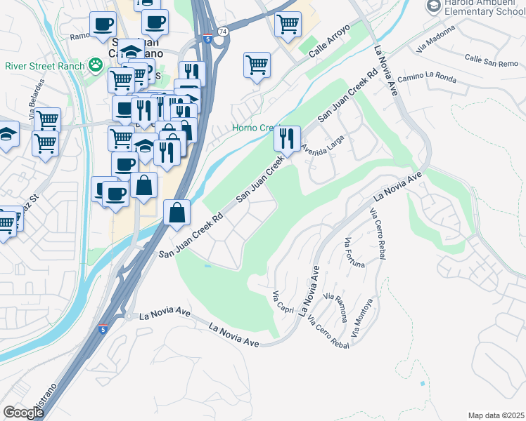 map of restaurants, bars, coffee shops, grocery stores, and more near 27252 Via Callejon in San Juan Capistrano