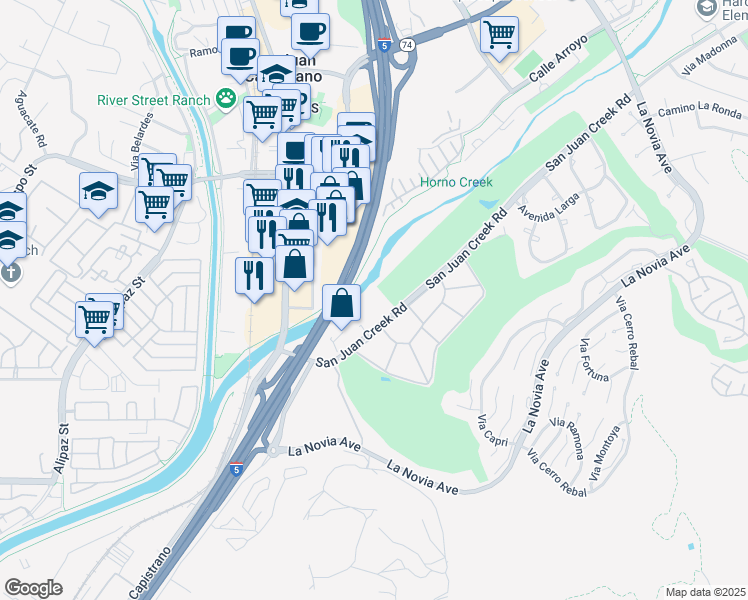 map of restaurants, bars, coffee shops, grocery stores, and more near 32353 San Juan Creek Road in San Juan Capistrano