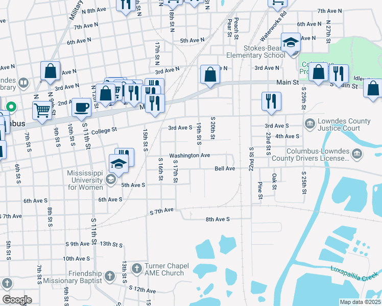 map of restaurants, bars, coffee shops, grocery stores, and more near 1801 Washington Avenue in Columbus