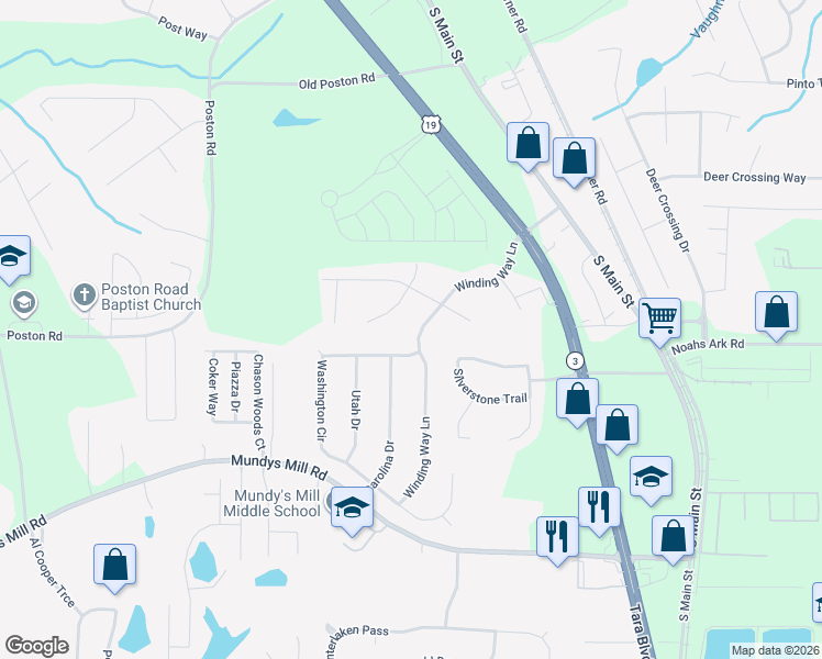 map of restaurants, bars, coffee shops, grocery stores, and more near 9587 Winding Way Lane in Jonesboro