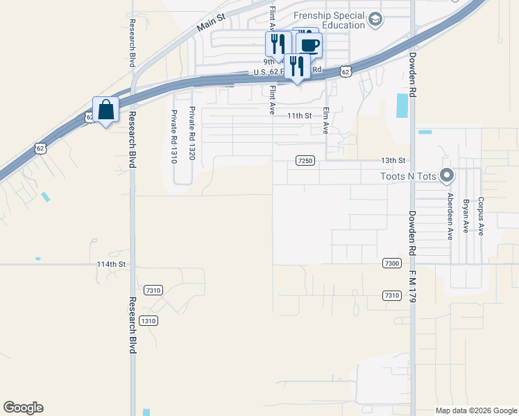 map of restaurants, bars, coffee shops, grocery stores, and more near C R 7300 in Wolfforth