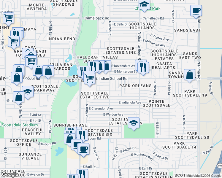 map of restaurants, bars, coffee shops, grocery stores, and more near 8202 East Piccadilly Road in Scottsdale