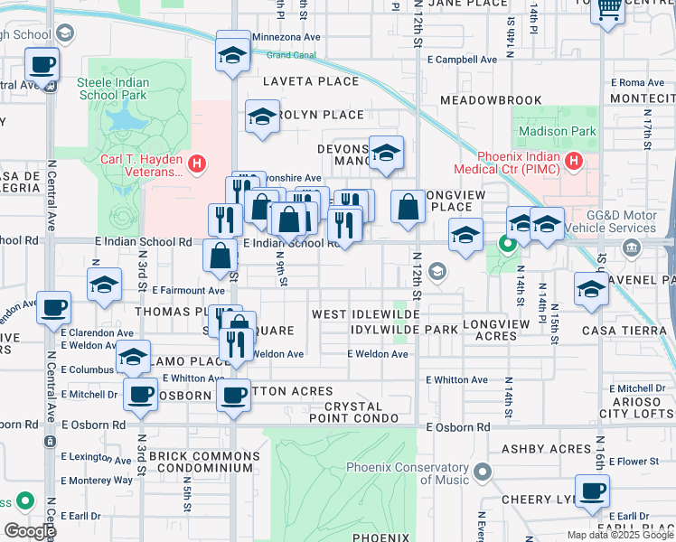 map of restaurants, bars, coffee shops, grocery stores, and more near 1011 East Amelia Avenue in Phoenix