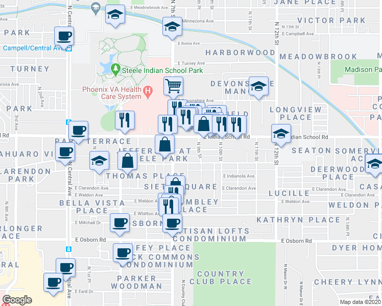 map of restaurants, bars, coffee shops, grocery stores, and more near 807 East Amelia Avenue in Phoenix