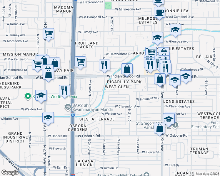map of restaurants, bars, coffee shops, grocery stores, and more near 2225 West Indian School Road in Phoenix