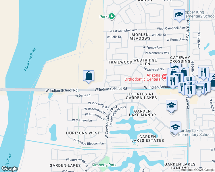 map of restaurants, bars, coffee shops, grocery stores, and more near 4104 North 113th Avenue in Phoenix