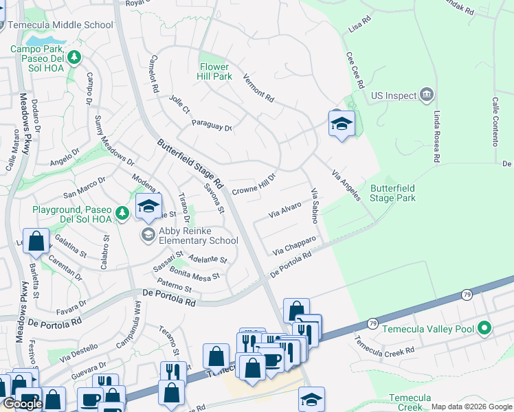 map of restaurants, bars, coffee shops, grocery stores, and more near 43272 Brookway Drive in Temecula