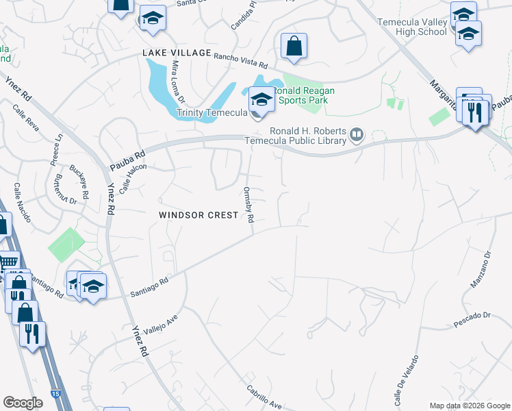 map of restaurants, bars, coffee shops, grocery stores, and more near 43224 Ormsby Road in Temecula