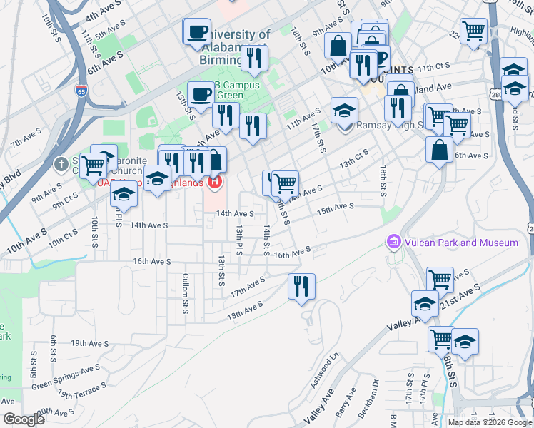 map of restaurants, bars, coffee shops, grocery stores, and more near 1355 14th Avenue South in Birmingham
