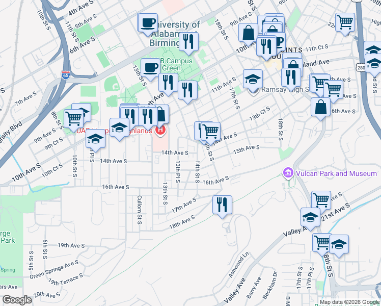 map of restaurants, bars, coffee shops, grocery stores, and more near 1355 14th Avenue South in Birmingham
