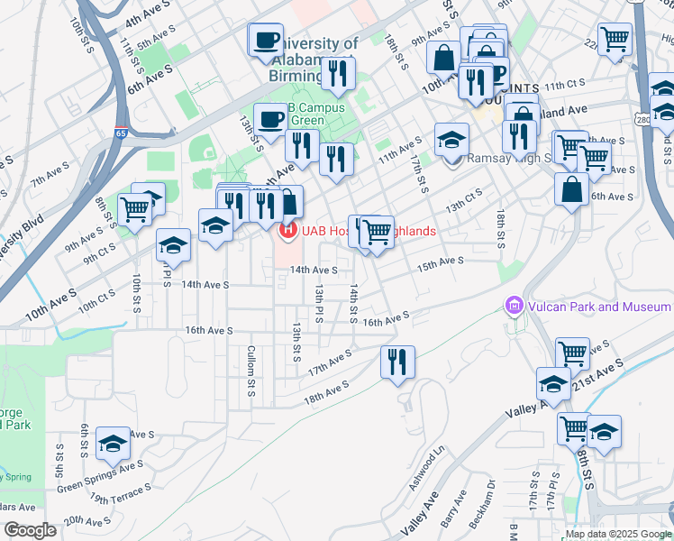 map of restaurants, bars, coffee shops, grocery stores, and more near 1355 14th Avenue South in Birmingham