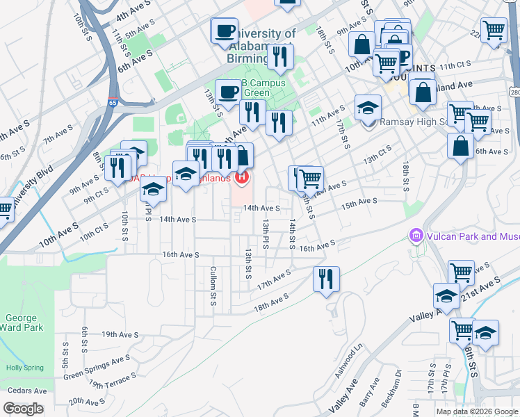 map of restaurants, bars, coffee shops, grocery stores, and more near 1317 14th Avenue South in Birmingham