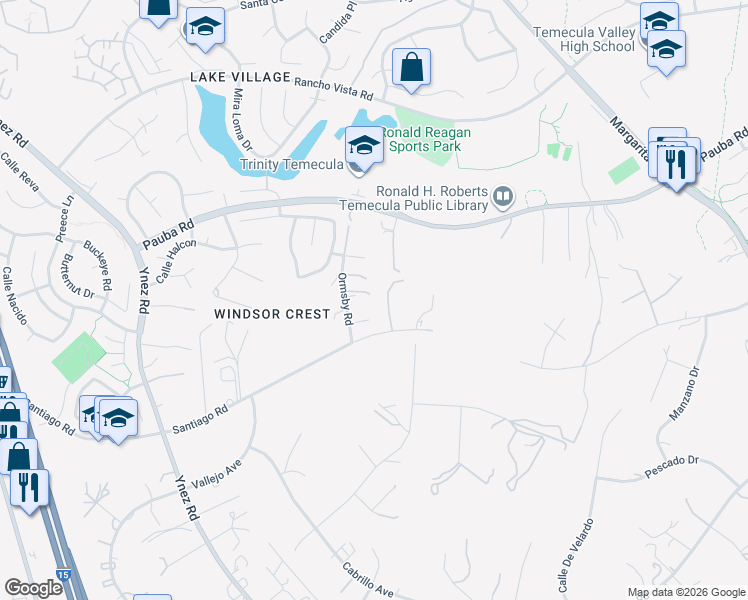 map of restaurants, bars, coffee shops, grocery stores, and more near 43224 Ormsby Road in Temecula