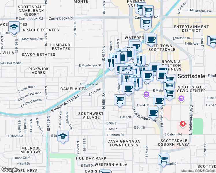 map of restaurants, bars, coffee shops, grocery stores, and more near 6850 East Main Street in Scottsdale