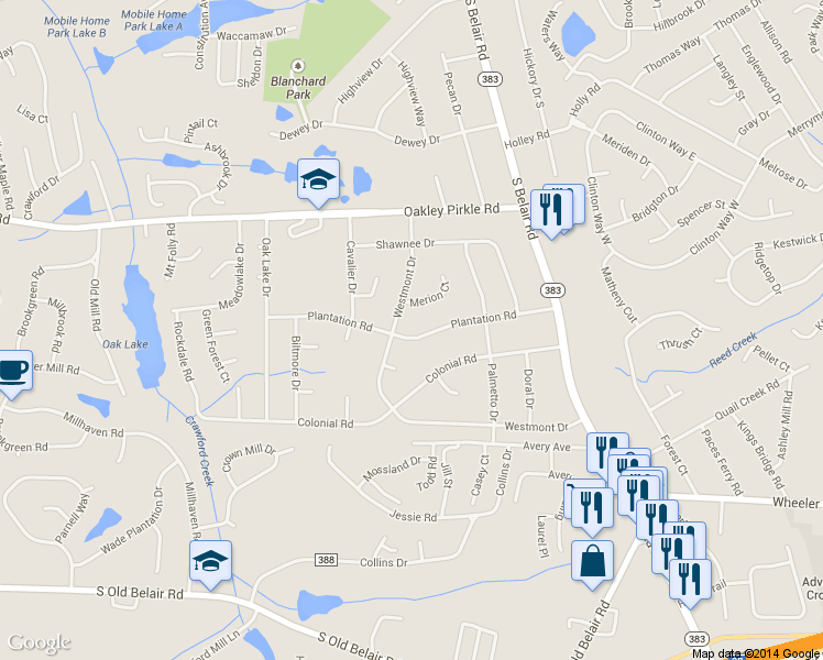 map of restaurants, bars, coffee shops, grocery stores, and more near 4521 Plantation Road in Martinez