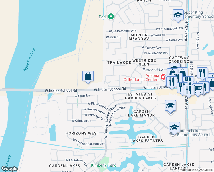 map of restaurants, bars, coffee shops, grocery stores, and more near 4104 North 113th Avenue in Phoenix