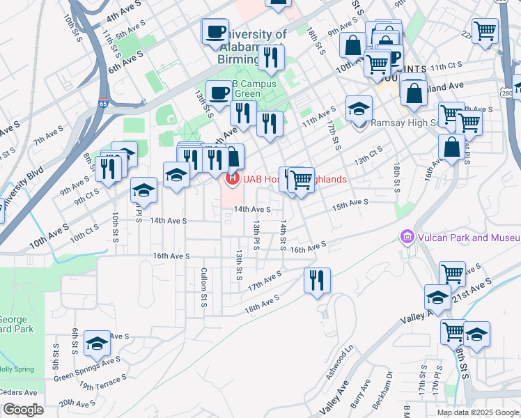 map of restaurants, bars, coffee shops, grocery stores, and more near 1324 14th Avenue South in Birmingham