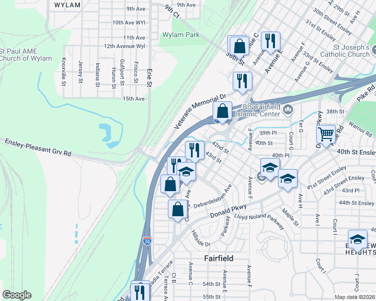 map of restaurants, bars, coffee shops, grocery stores, and more near 312 44th Street North in Fairfield