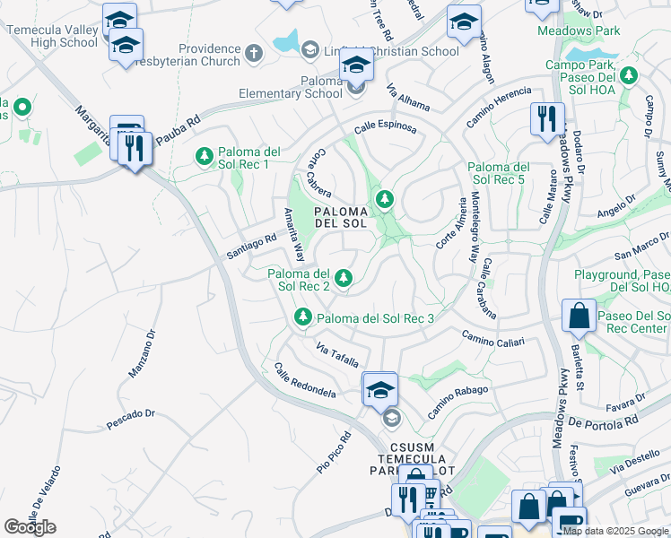 map of restaurants, bars, coffee shops, grocery stores, and more near 31832 Vía Barraza in Temecula