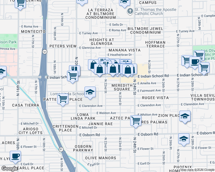 map of restaurants, bars, coffee shops, grocery stores, and more near 2150 East Fairmount Avenue in Phoenix