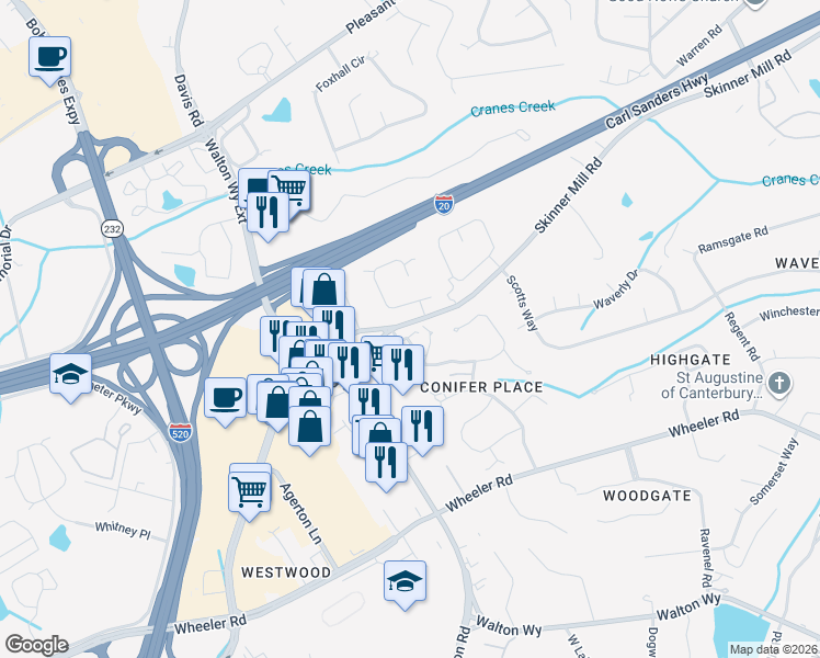 map of restaurants, bars, coffee shops, grocery stores, and more near 8 Conifer Square in Augusta