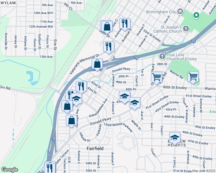 map of restaurants, bars, coffee shops, grocery stores, and more near 525 41st Street Ensley in Fairfield