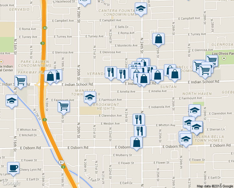 map of restaurants, bars, coffee shops, grocery stores, and more near 2217 East Amelia Avenue in Phoenix