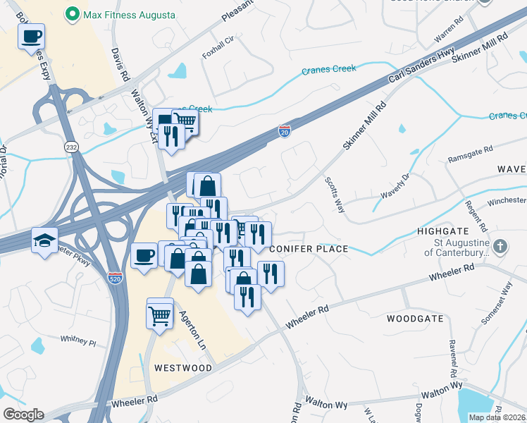 map of restaurants, bars, coffee shops, grocery stores, and more near 8-10 Conifer Square in Augusta