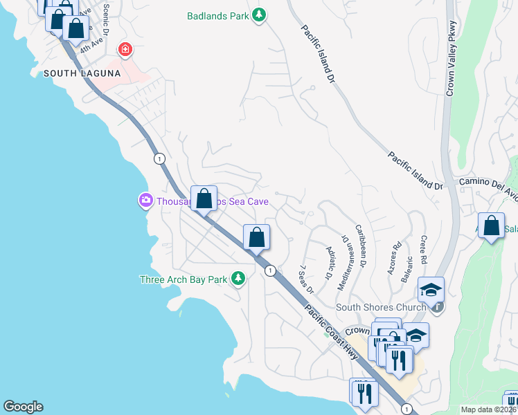 map of restaurants, bars, coffee shops, grocery stores, and more near 22762 Via Barcelona in Dana Point