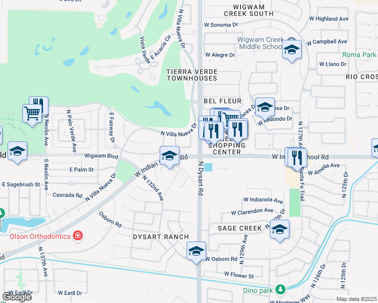 map of restaurants, bars, coffee shops, grocery stores, and more near 956 Castillo Drive East in Litchfield Park