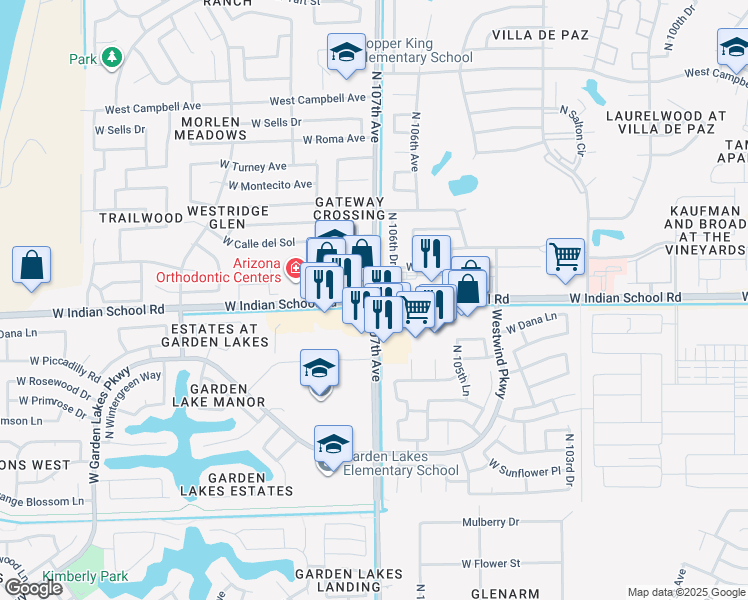 map of restaurants, bars, coffee shops, grocery stores, and more near W Indian School Rd & N 107th Ave in Maricopa County