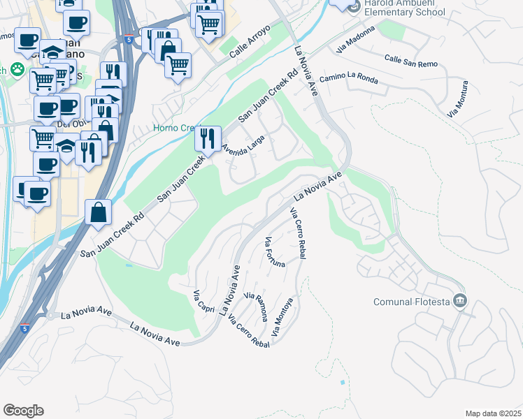 map of restaurants, bars, coffee shops, grocery stores, and more near 27507 Via Sequoia in San Juan Capistrano