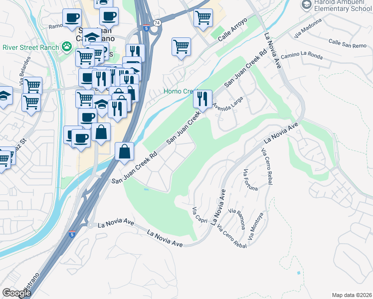 map of restaurants, bars, coffee shops, grocery stores, and more near 27252 Via Callejon in San Juan Capistrano