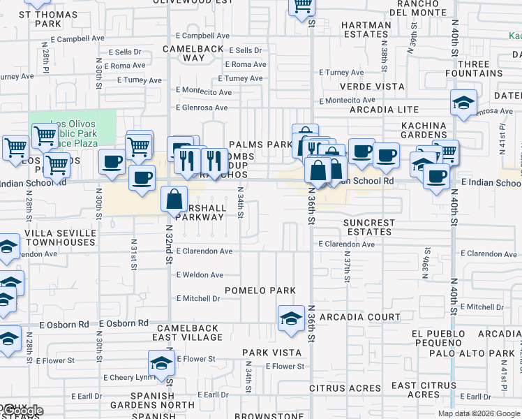 map of restaurants, bars, coffee shops, grocery stores, and more near 3426 East Fairmount Avenue in Phoenix