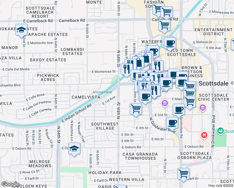 map of restaurants, bars, coffee shops, grocery stores, and more near 6748 East 1st Avenue in Scottsdale