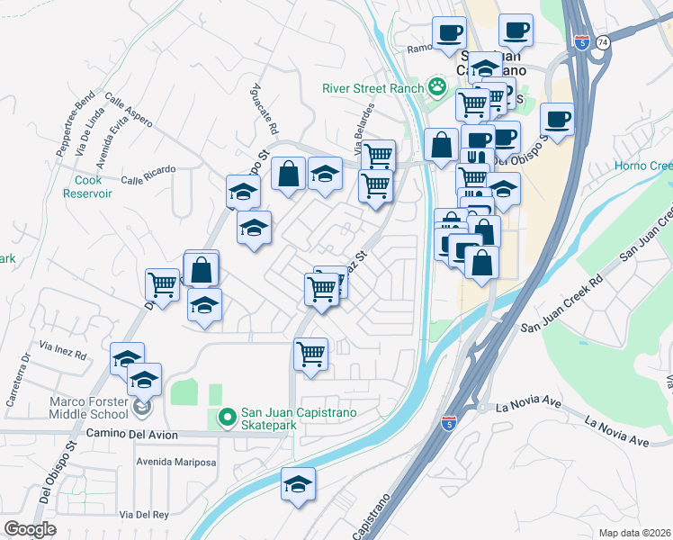 map of restaurants, bars, coffee shops, grocery stores, and more near 32311 Alipaz Street in San Juan Capistrano