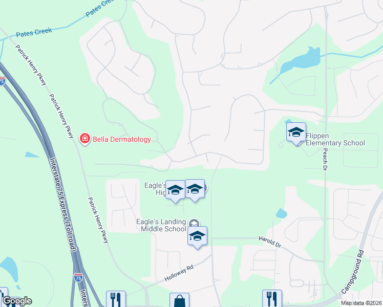 map of restaurants, bars, coffee shops, grocery stores, and more near 308 Montrose Drive in McDonough