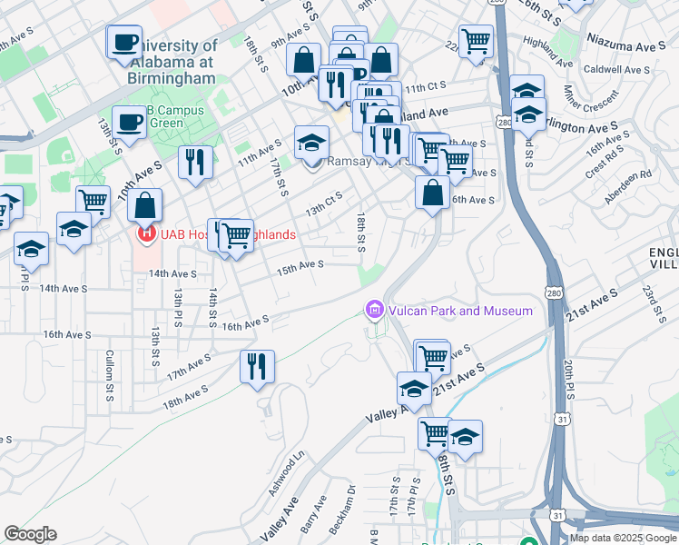 map of restaurants, bars, coffee shops, grocery stores, and more near 1733 15th Avenue South in Birmingham