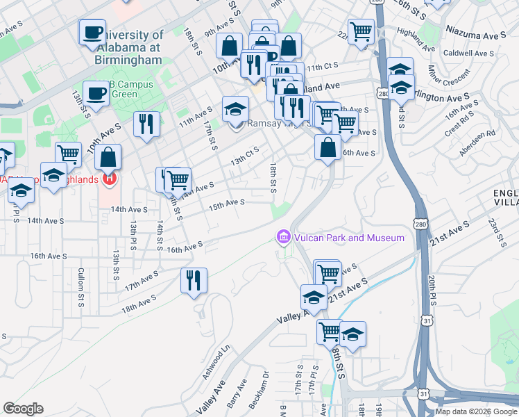 map of restaurants, bars, coffee shops, grocery stores, and more near 1733 15th Avenue South in Birmingham