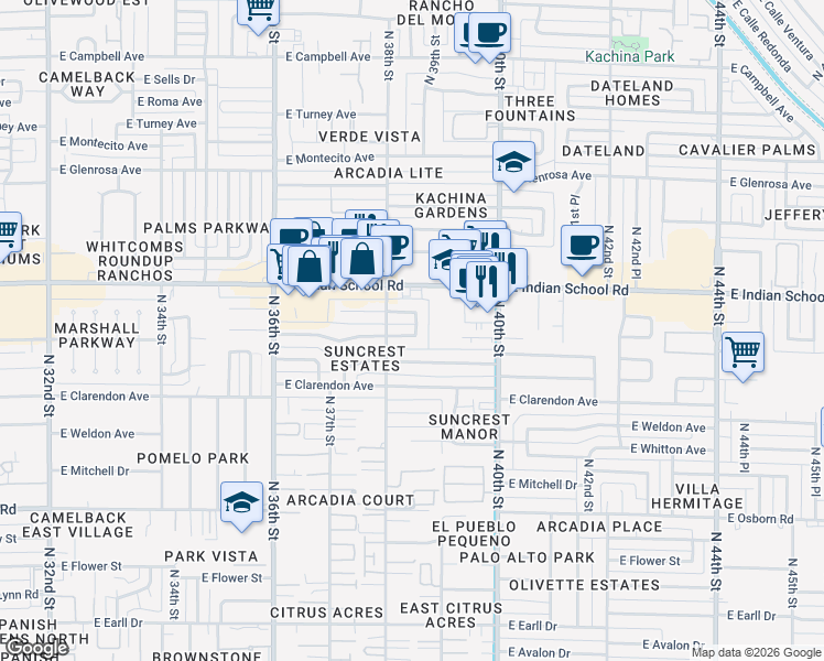 map of restaurants, bars, coffee shops, grocery stores, and more near 3820 East Piccadilly Road in Phoenix