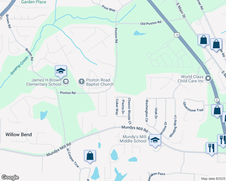 map of restaurants, bars, coffee shops, grocery stores, and more near 9588 Poston Road in Jonesboro