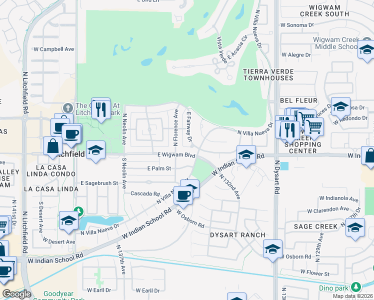 map of restaurants, bars, coffee shops, grocery stores, and more near 681 East Fairway Drive in Litchfield Park