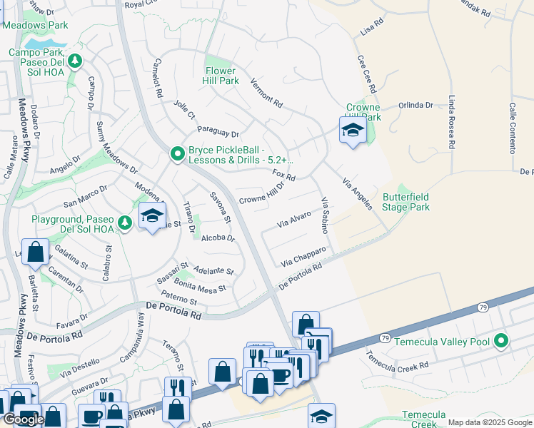 map of restaurants, bars, coffee shops, grocery stores, and more near 43248 Brookway Drive in Temecula