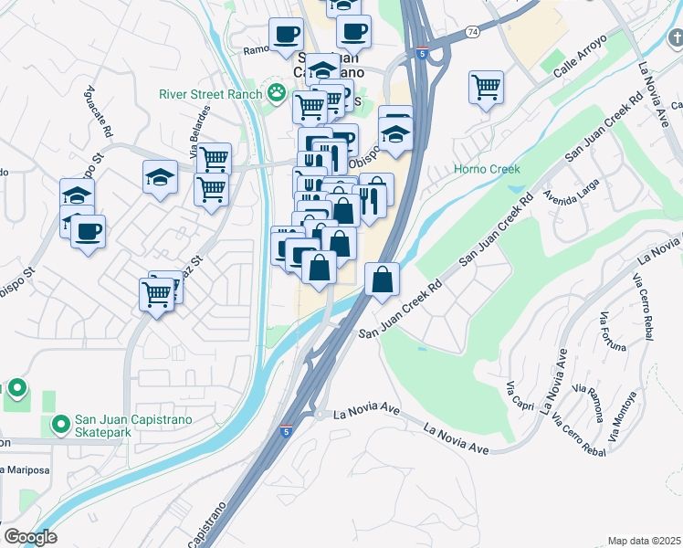 map of restaurants, bars, coffee shops, grocery stores, and more near 32311 Avenida Padre in San Juan Capistrano